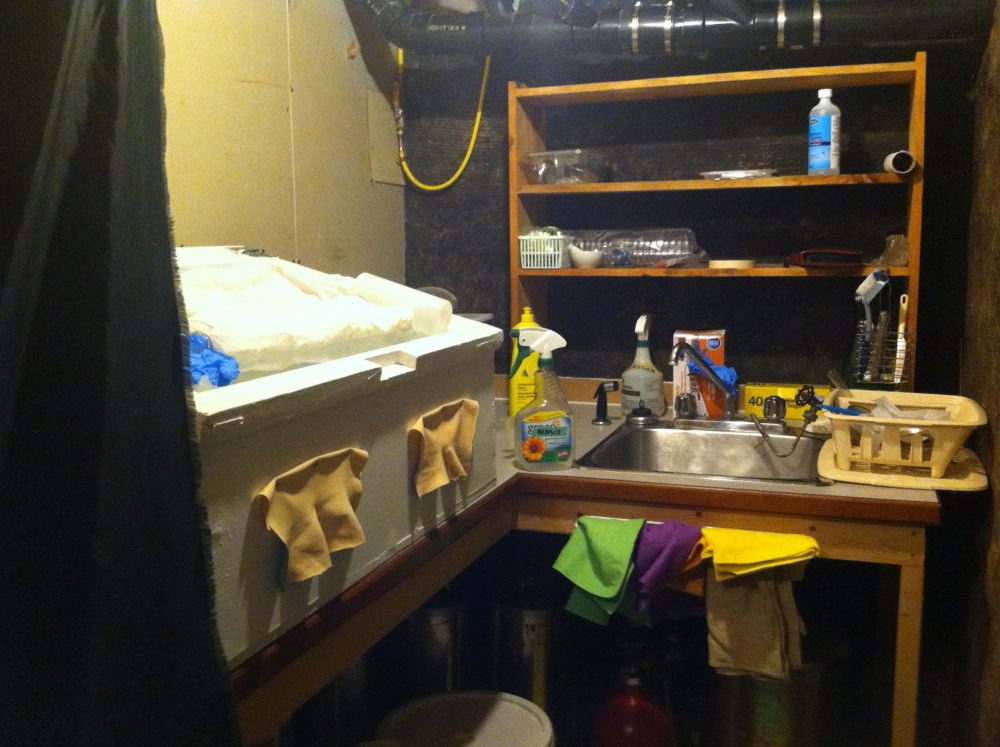 Incubator, glove box and sink in a corner of the basement